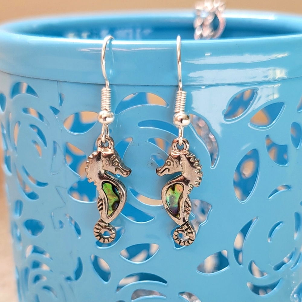 Cute Abalone Seahorse Silver Earrings Seahorse Earrings Silver Dangle Earrings - Picture 8 of 9